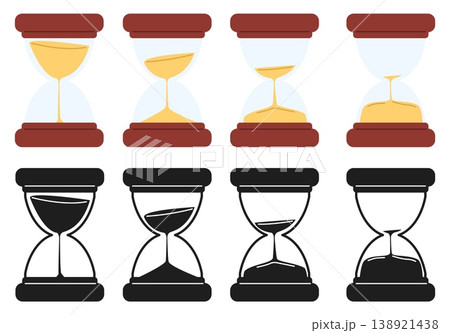 Hourglass icons with different levels of sand. Deadline countdown. Seconds measurement. Hours counting. Silhouette watch. Sandglass symbols set. Vector concept for keeping track of time 138921438