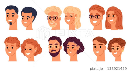 Male and female faces. People attractive portraits. Caucasian heads. Brunette and blonde hairstyle. Man with beard and mustache. Handsome persons smile. Vector set of avatar characters 138921439