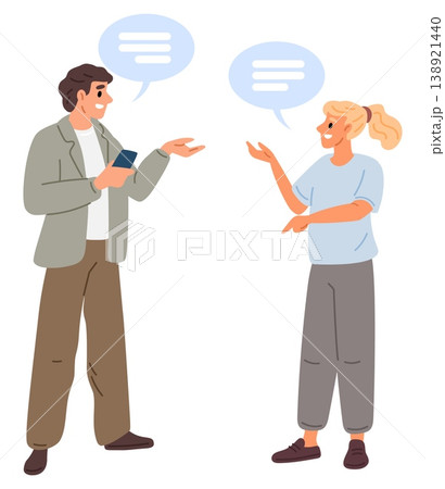 Man and woman having conversation using speech bubbles. Business communication. Young people speaking. Opinion interview and discussion. Friends standing and talking. Vector concept Man and woman having conversation using speech bubbles. Business communication. Young people speaking. Opinion interview and discussion. Friends standing and talking. Vector concept 138921440