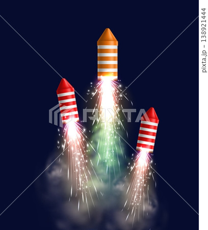 Realistic sparkling rockets. Celebrations with fireworks and lights. Sparklers flight with fire sparks and smoke. Pyrotechnic petards. Holiday salute bursts. Vector firecrackers fly 138921444