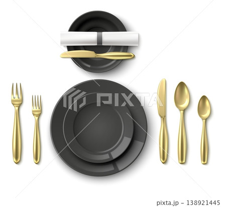 Realistic table setting. Top view of various types of black plates. Arrangement of gold cutlery. Banquet serving. Dining knife and fork. Dish with napkin. Vector restaurant tableware 138921445
