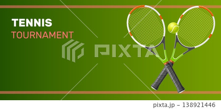 Realistic tennis rackets with ball. Poster template for sport tournament. Competitive game. Sportsman match. Badminton racquet. Championship club. Professional league. Vector background Realistic tennis rackets with ball. Poster template for sport tournament. Competitive game. Sportsman match. Badminton racquet. Championship club. Professional league. Vector background 138921446