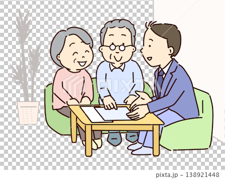 一位商人正在向一對夫婦介紹產品。 138921448