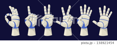 Robots arm shows numbers from zero to five. Counting with hand gestures. Nonverbal sign. Keeping score with fingers. Artificial intelligence technology. Electronic palm. Vector concept 138921454