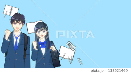 勉強のイメージ、学習アイテムと高校生または中学生の男女のアニメ風イラスト 138921469