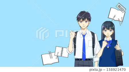勉強のイメージ、学習アイテムと高校生または中学生の男女のアニメ風イラスト（夏服） 138921470