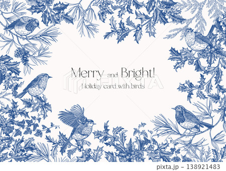 Blue ink vintage holiday frame with robins Blue ink vintage holiday frame with robins 138921483