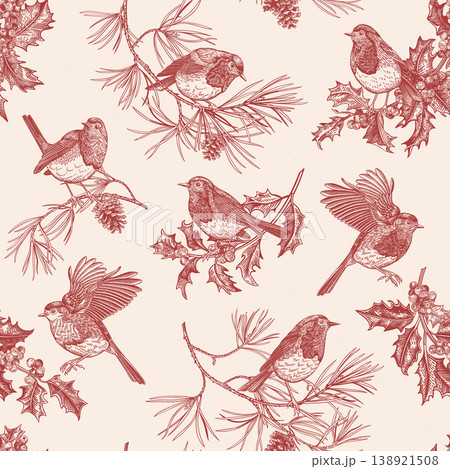 Seamless pattern with robins, holly, and pine 138921508