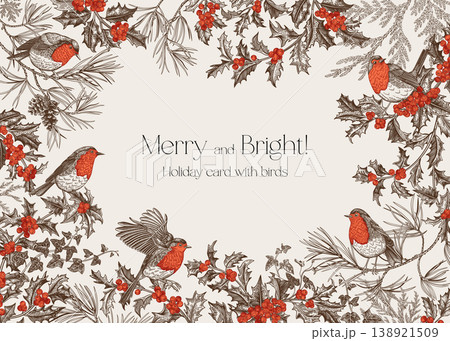 Christmas card frame with robins, holly, pine 138921509