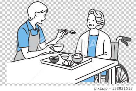 Vector illustration of a care manager assisting an elderly person with a meal. 138921513