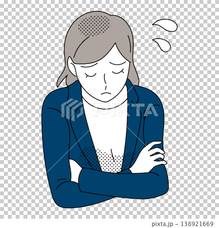 一幅女性上班族雙手交叉放在胸前,神情憂慮的插圖。 一幅女性上班族雙手交叉放在胸前,神情憂慮的插圖。 138921669