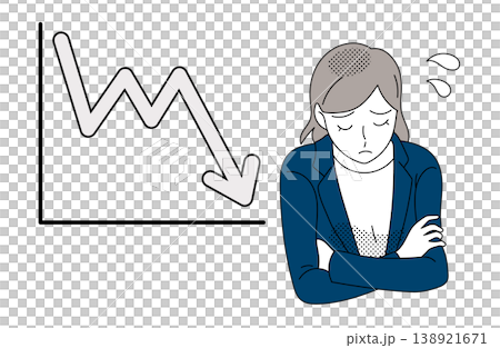 An illustration of a businesswoman looking troubled in front of a declining graph. An illustration of a businesswoman looking troubled in front of a declining graph. 138921671
