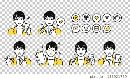A young man in business casual attire holding a smartphone and a set of notification icons. 138921759