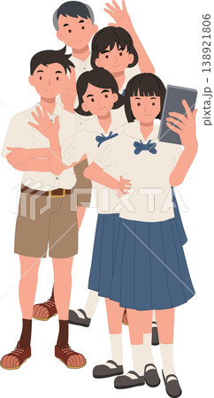 asian students group taking selfie in school uniform cheerful teenage friends portrait education lifestyle illustration asian students group taking selfie in school uniform cheerful teenage friends portrait education lifestyle illustration 138921806