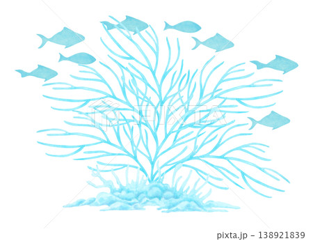 Blue coral and fish composition. Coral branches underwater and a school of fish. Hand drawn watercolor illustration. Underwater animals. Suitable for print, packaging, fabric, card, menus, decor Blue coral and fish composition. Coral branches underwater and a school of fish. Hand drawn watercolor illustration. Underwater animals. Suitable for print, packaging, fabric, card, menus, decor 138921839
