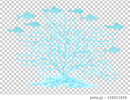Blue coral and fish composition. Coral branches underwater and a school of fish. Hand drawn watercolor illustration. Underwater animals. Suitable for print, packaging, fabric, card, menus, decor Blue coral and fish composition. Coral branches underwater and a school of fish. Hand drawn watercolor illustration. Underwater animals. Suitable for print, packaging, fabric, card, menus, decor 138921839