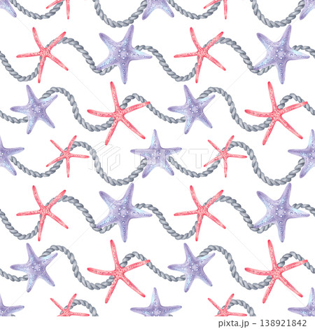 Seamless pattern with starfish and rope. Jute rope with an underwater animal. Mediterranean style. Hand drawn art. Background for children products, fabrics, textiles and nautical design Seamless pattern with starfish and rope. Jute rope with an underwater animal. Mediterranean style. Hand drawn art. Background for children products, fabrics, textiles and nautical design 138921842