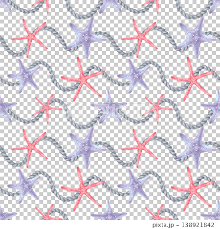 Seamless pattern with starfish and rope. Jute rope with an underwater animal. Mediterranean style. Hand drawn art. Background for children products, fabrics, textiles and nautical design Seamless pattern with starfish and rope. Jute rope with an underwater animal. Mediterranean style. Hand drawn art. Background for children products, fabrics, textiles and nautical design 138921842