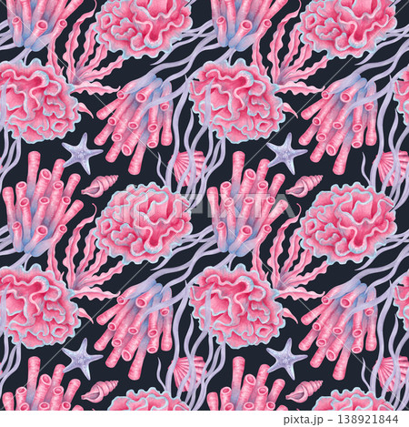 Seamless marine pattern with corals, shells, seaweed and starfish. Watercolor illustrations of underwater creatures. Hand drawn background. Tropical ocean vibe for fabric, wallpaper and textiles Seamless marine pattern with corals, shells, seaweed and starfish. Watercolor illustrations of underwater creatures. Hand drawn background. Tropical ocean vibe for fabric, wallpaper and textiles 138921844