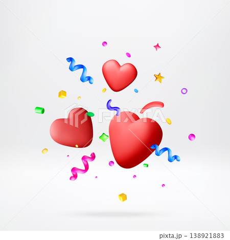 3D Red hearts floating with colorful confetti 3D Red hearts floating with colorful confetti 138921883