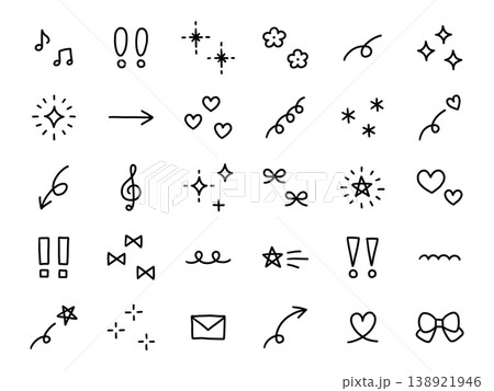手書きの飾りイラストのベクターイラストセット。手描き、星、花、落書き、ハート、キラキラ 138921946