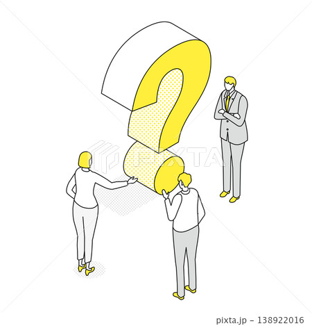巨大なクエスチョンマークを囲む3人のビジネスパーソンのアイソメトリック線画イラスト 138922016