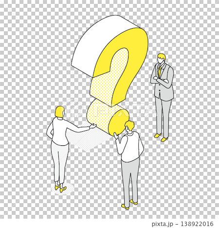巨大なクエスチョンマークを囲む3人のビジネスパーソンのアイソメトリック線画イラスト 138922016