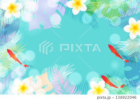 プルメリアの花と金魚が泳ぐトロピカルな夏の背景フレーム プルメリアの花と金魚が泳ぐトロピカルな夏の背景フレーム 138922046