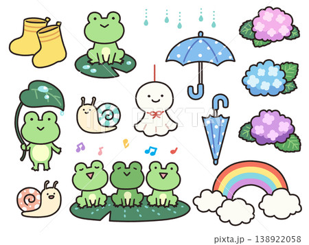 梅雨の雨とカエルとカタツムリのかわいい手描きイラストセット 138922058