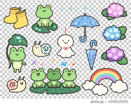 梅雨の雨とカエルとカタツムリのかわいい手描きイラストセット 138922058