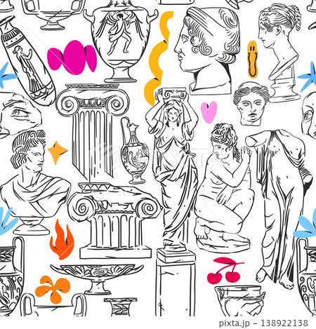 Hand drawn vector abstract graphic, greek ancient sculpture statues and column line art modern seamless pattern.Antique graffiti psychedelic sculpture in trendy style.Antique statue design background. Hand drawn vector abstract graphic, greek ancient sculpture statues and column line art modern seamless pattern.Antique graffiti psychedelic sculpture in trendy style.Antique statue design background. 138922138