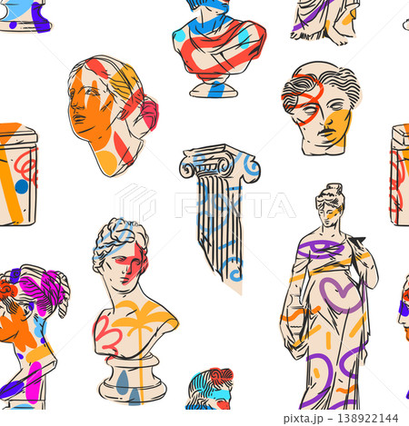 Hand drawn vector abstract graphic, greek ancient sculpture statues and column line art modern seamless pattern.Antique graffiti psychedelic sculpture in trendy style.Antique statue design background. 138922144