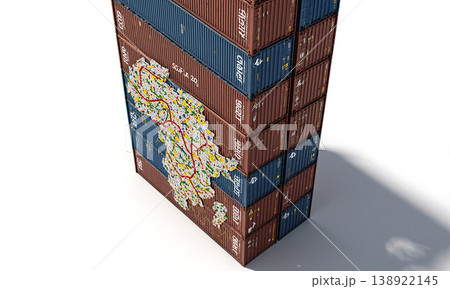 A towering stack of sealed shipping containers that, when viewed from above, form a mosaic map of food distribution routes 138922145
