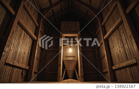 Grain hopper barn interior featuring a metal funnel under a glowing light bulb inside a rustic agricultural storage building 138922167
