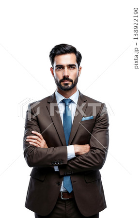 A sharp male CEO in a deep brown suit, surrounded by digital projections of a flourishing business, representing his leadership 138922190