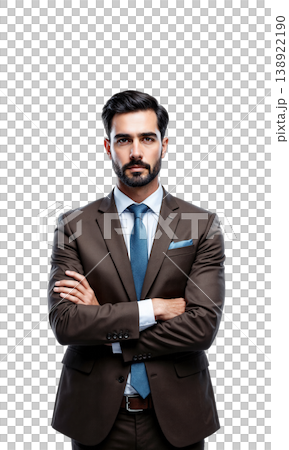 A sharp male CEO in a deep brown suit, surrounded by digital projections of a flourishing business, representing his leadership 138922190