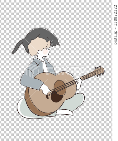 アコースティックギターを弾く人と頭の上に乗る猫の癒やしイラスト 138922322