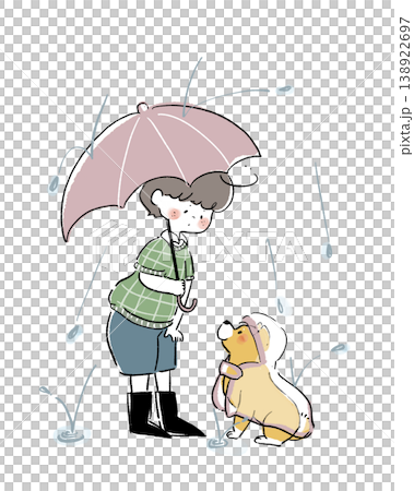 一幅溫馨的插圖，描繪了一個穿著雨衣的男孩帶著他的狗在雨中散步。 138922697