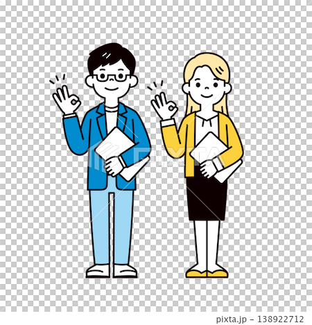一組全身向量插圖,描繪了一位男性和一位女性商務人士手持平板電腦簽署確認書。 一組全身向量插圖,描繪了一位男性和一位女性商務人士手持平板電腦簽署確認書。 138922712