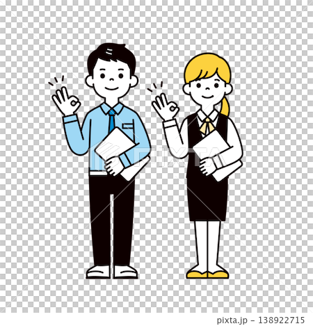 A set of full-body vector illustrations of office workers and female office workers making a hand sign indicating it's OK to hold a PC. A set of full-body vector illustrations of office workers and female office workers making a hand sign indicating it's OK to hold a PC. 138922715