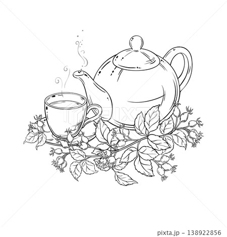 Wild Rose Tea in Teapot Outline Illustration. Wild Rose Tea in Teapot Outline Illustration. 138922856