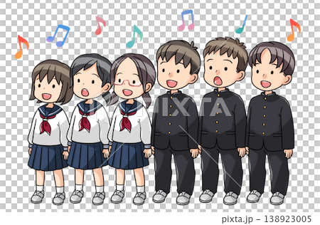 Six students (male and female) singing in a choir. 138923005