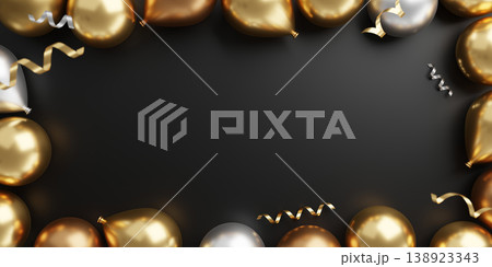 Realistic gold and silver balloons frame with ribbons on black background with copy space for celebration and anniversary 3D render 138923343
