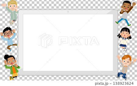 タブレットPCの周りでジャンプする様々な国籍と人種の子ども 138923624