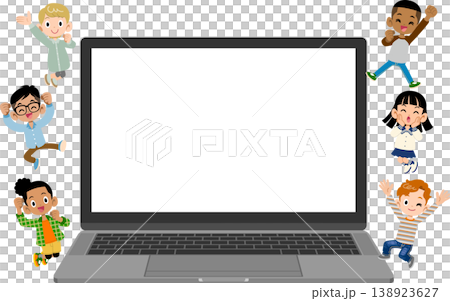 來自不同國家、種族的孩子們圍著一台筆記型電腦蹦蹦跳跳。 138923627