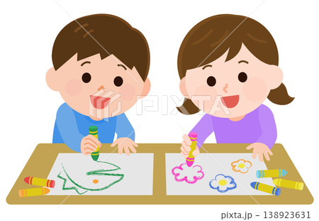 お絵描きをする楽しそうな男の子と女の子 イラスト お絵描きをする楽しそうな男の子と女の子 イラスト 138923631