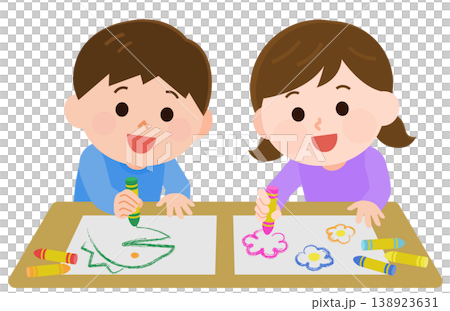 お絵描きをする楽しそうな男の子と女の子 イラスト お絵描きをする楽しそうな男の子と女の子 イラスト 138923631