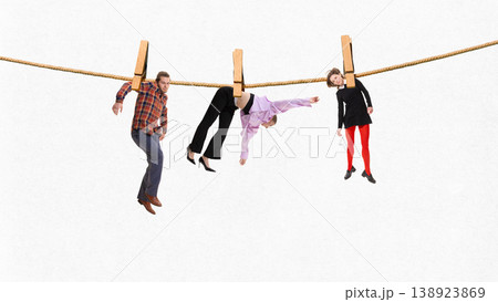 People hanging on rope with clothespins metaphor of job dependency. People hanging on rope with clothespins metaphor of job dependency. 138923869