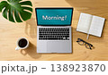 laptop with blank screen on table 138923870