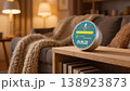 close up of blue round sign on table 138923873